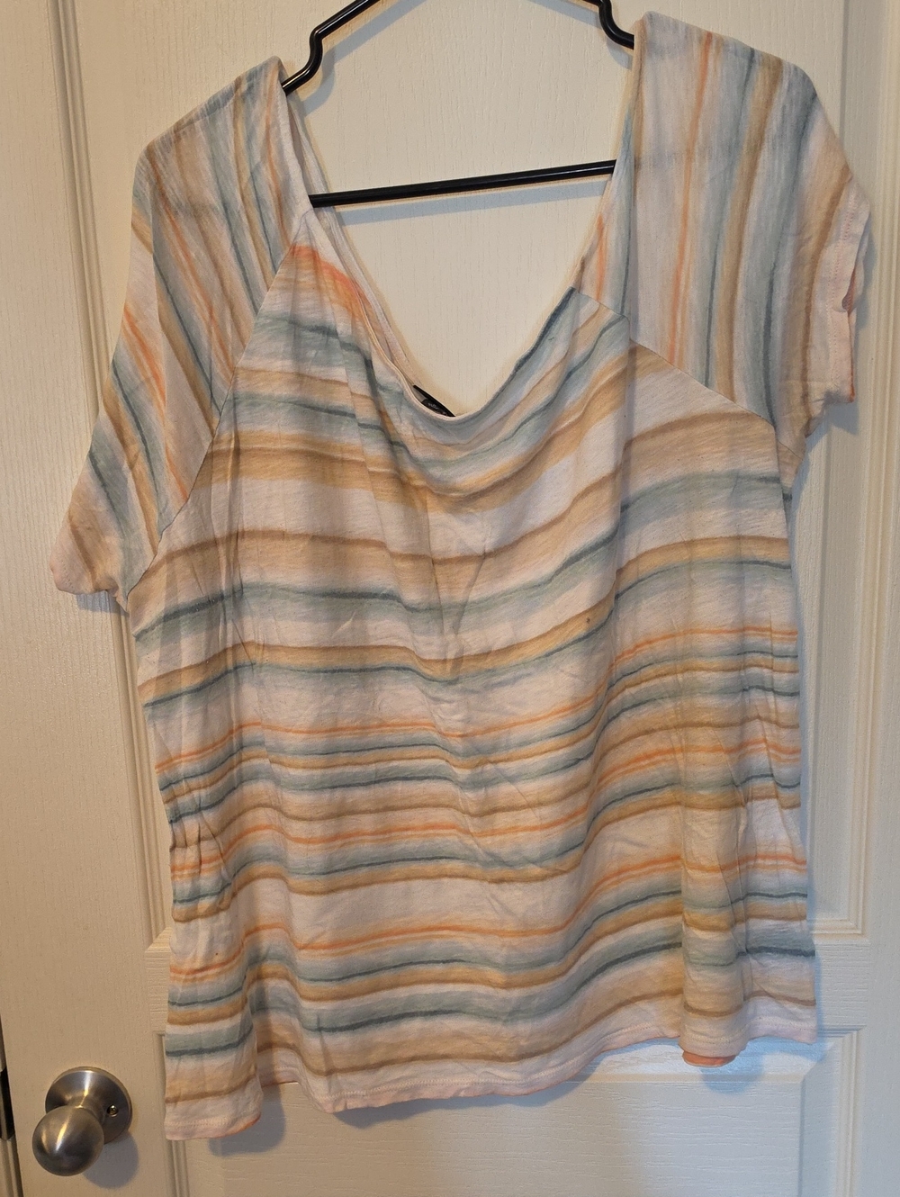 torrid Pastel Stripe Off The Shoulder Tee in Blue, Tan & Orange